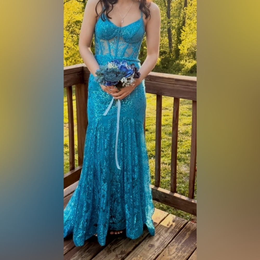 David's Bridal Teal Lace Prom Gown